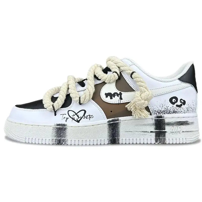 

[Нестандартная женская обувь для скейтборда хакер панда] Nike Air Force 1, женская обувь с низким берцем, черный/белый/парабер