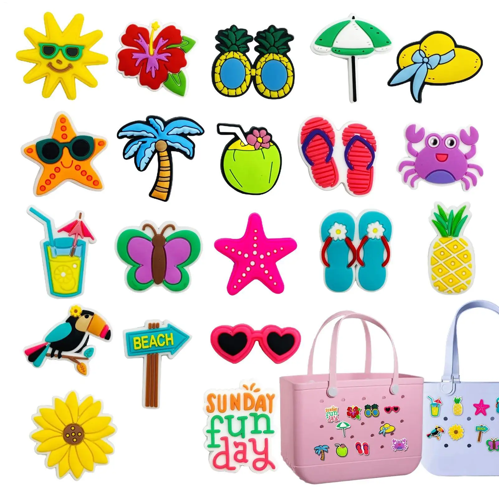 20pcs Beach Theme Rubber Bag Charm Women's Bag Charm Summer Style Fruit Plant Cactus Shiny Bow Beach Tote Bag Accessories