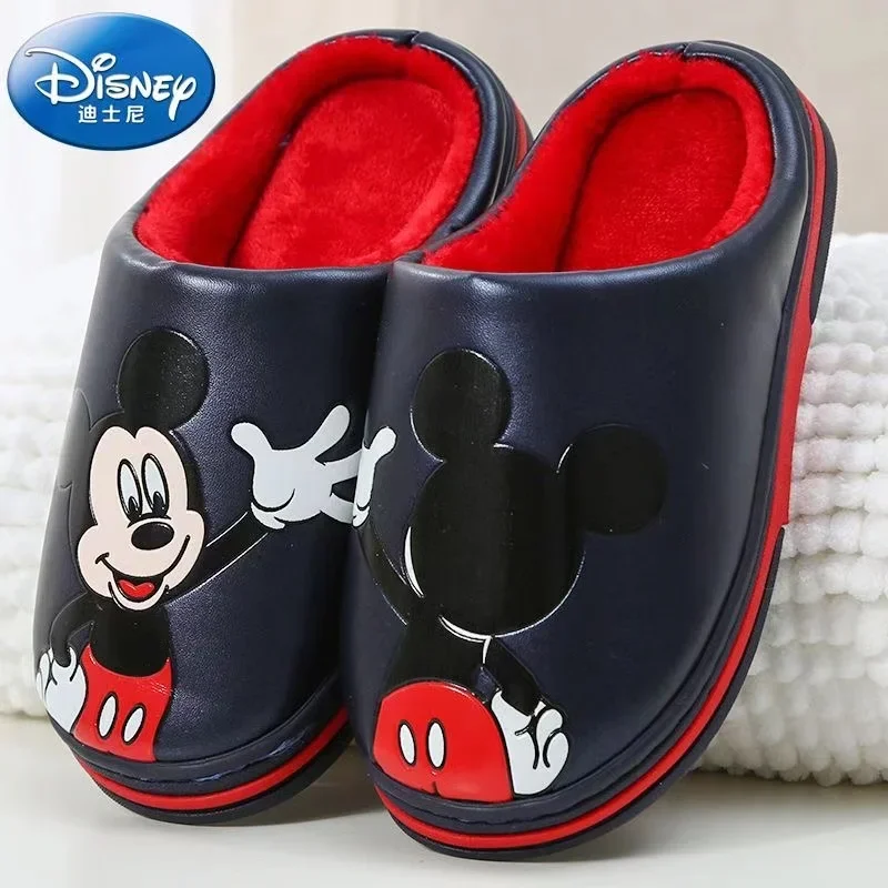 Disney Zimowe dziecięce kapcie bawełniane Baby Boy Girl Cartoon Mickey Minnie Print Indoor Warmth Non Slip Kids PU Home Shoes 28-33