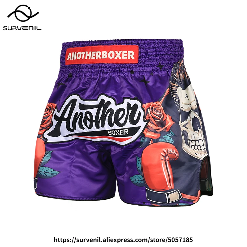 

Шорты для тайского бокса фиолетовые, мужские, женские, молодежные, боксерские шорты с принтом скелета и черепа, для ММА, тренировочные, для единоборств, тайские шорты