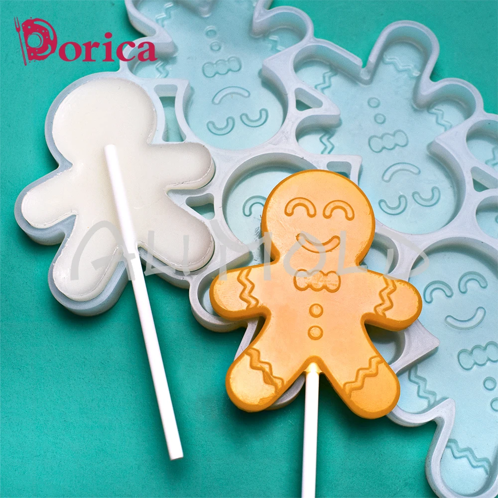 Dorica Gingerbread Man Lollipop Epoxy Mold Christmas Chocolate Cake Silicone Mould Kitchen Bakeware Cake Decorating Tools