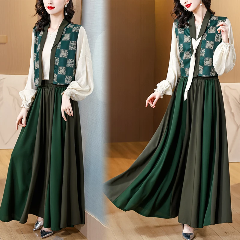 2023 New Silk Chinese Style Hanfu Long Dress Two Piece Set Style Large Pullover Round Neck Shirt Slim Knee Long Dress Set