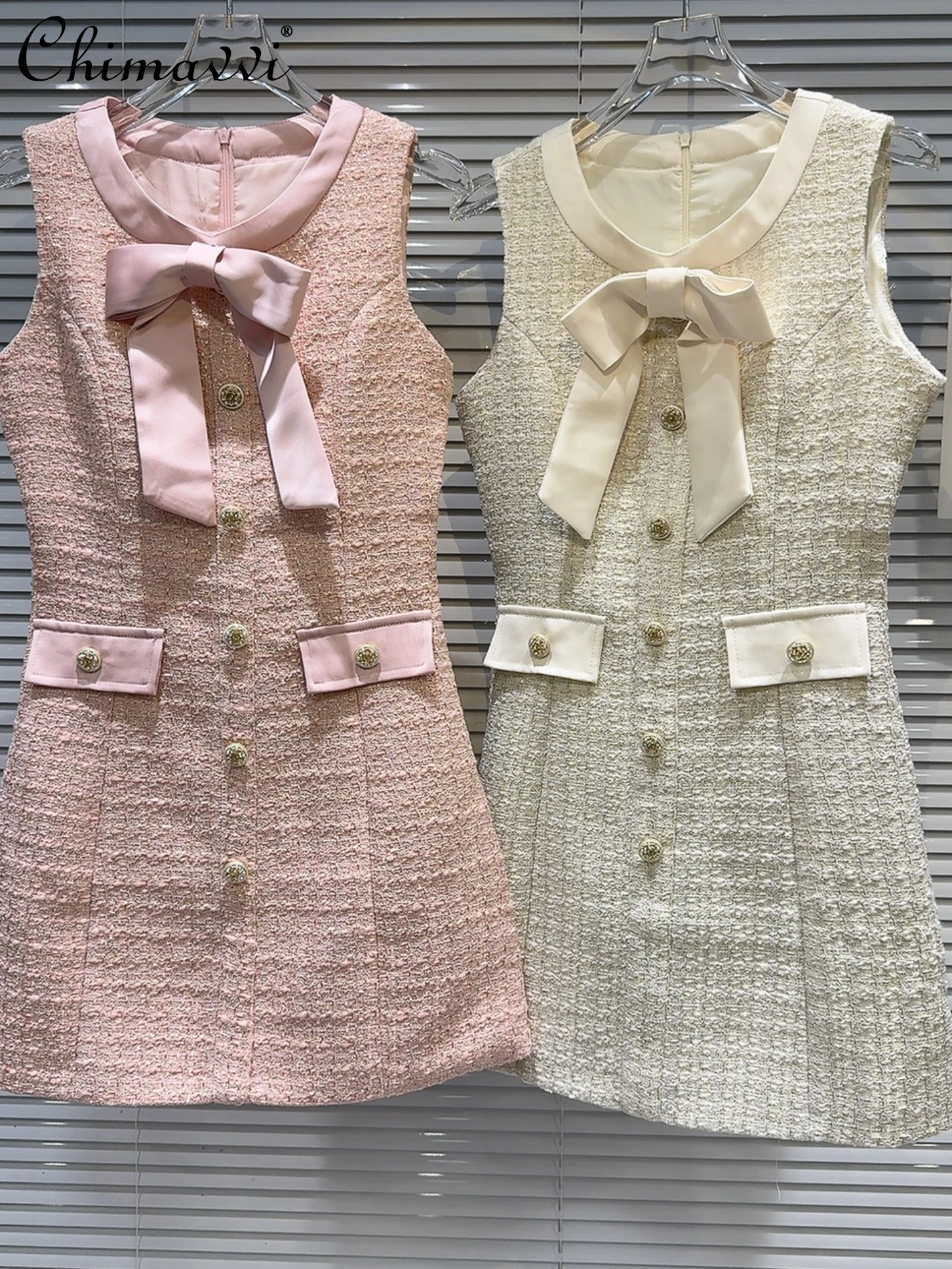 

Women 2024 Summer New Fashion Round Neck Bow Bandage Metal Buckle Tweed Dress Sweet Slim Fit Temperament Office Lady Mini Dress