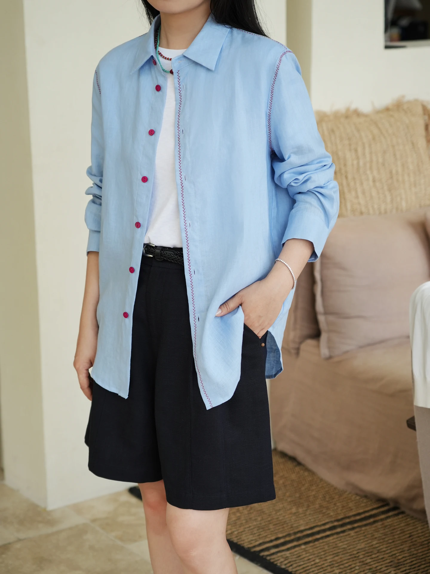 

Ting2 Studio Vintage Dashlined Linen Shirt Thin Summer Shoulder Color Block Loose Fit Long Sleeve Women's Open Cardigan