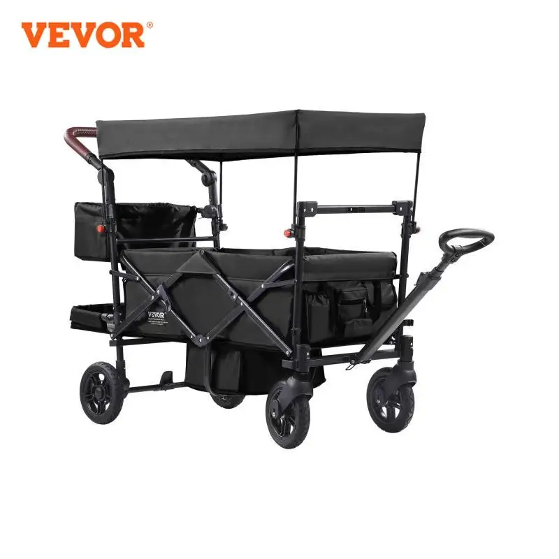 VEVOR Wagon Stroller for 2 Kids Push Pull Quad Collapsible Stroller with Adjustable Handle Encircling Harness Removable Canopy