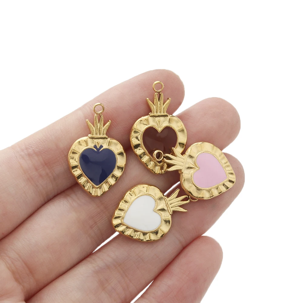 2Pcs Stainless Steel Gold Plated and Enamel Sacred Heart Charms,Ex Voto Milagro Style Heart Pendant for Jewelry Making Religious