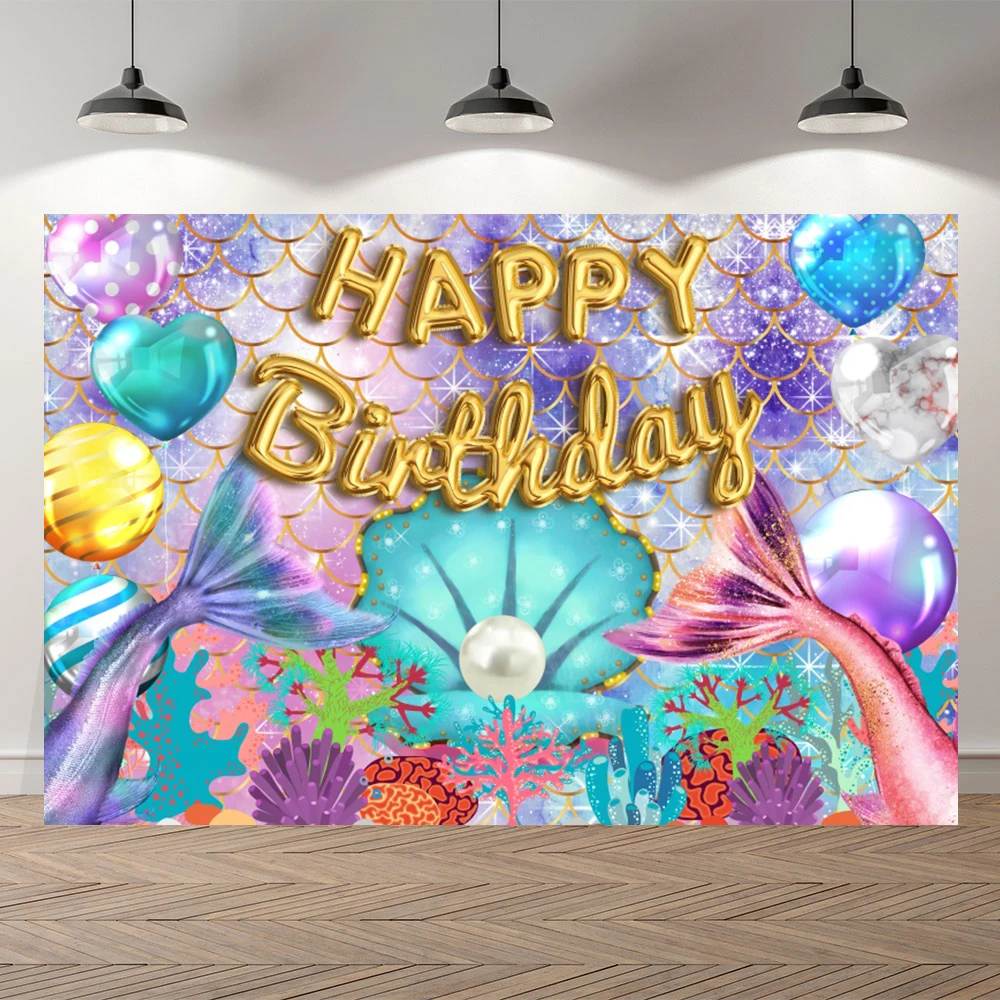 Underwater Fishtail Happy Birthday Custom Photo Background Cake Smash Table Decor Newborn Baby Shower Girl Princess Backdrops