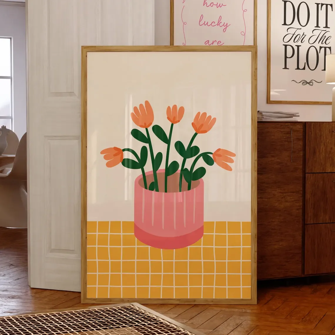 Blumenvase-Druck, digitaler Download, trendige Wandkunst, handgezeichnete karierte Blumen, Tulpen, rosa orange, maximalistisches Dekor Dopamin
