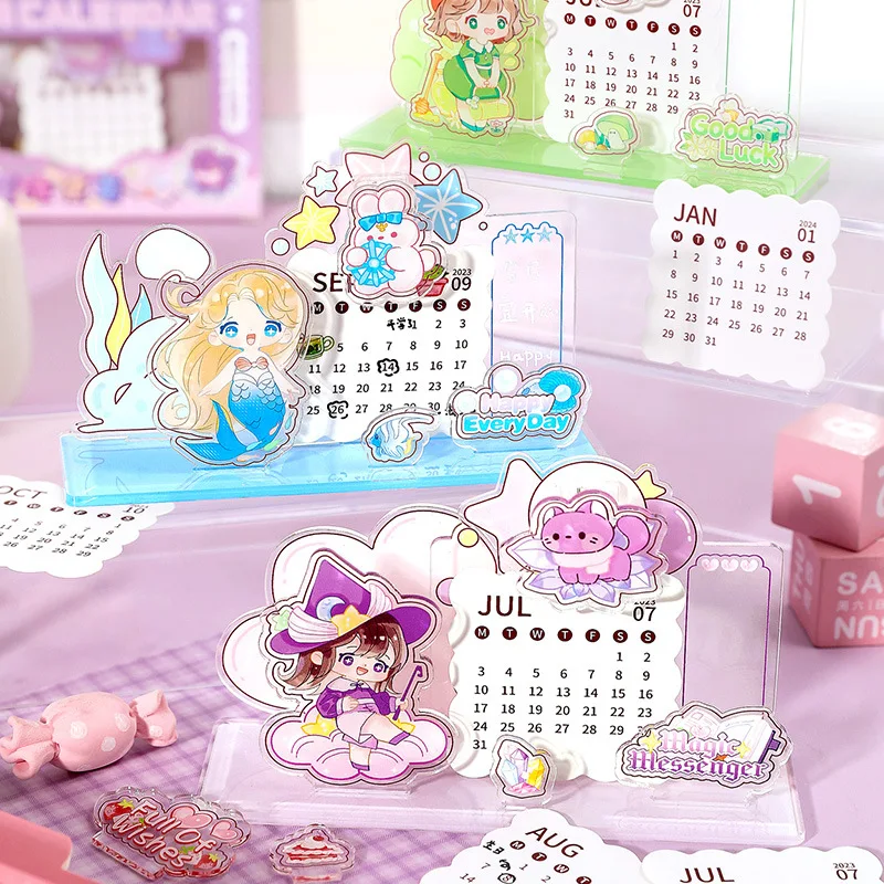 Calendario acrilico per ragazza dei cartoni animati da 2024 anni calendario da scrivania per coniglio e gatto carino agenda giornaliera Planner materiale scolastico