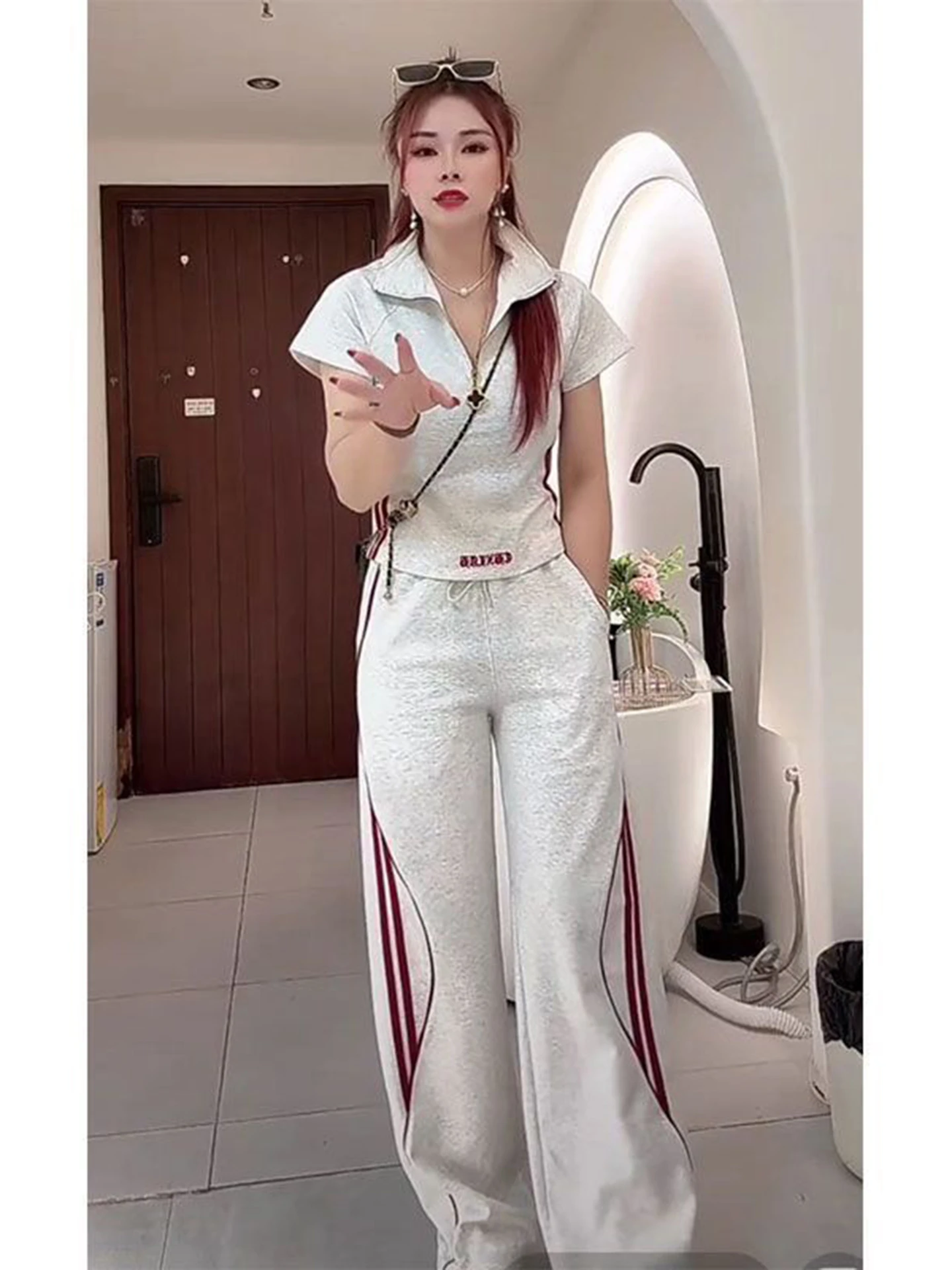 

Summer Sporty Slimming Korean Style Women's Two-Piece Set Short Sleeve Wide Leg Pants Casual Leisure Cotton Blend Outfit