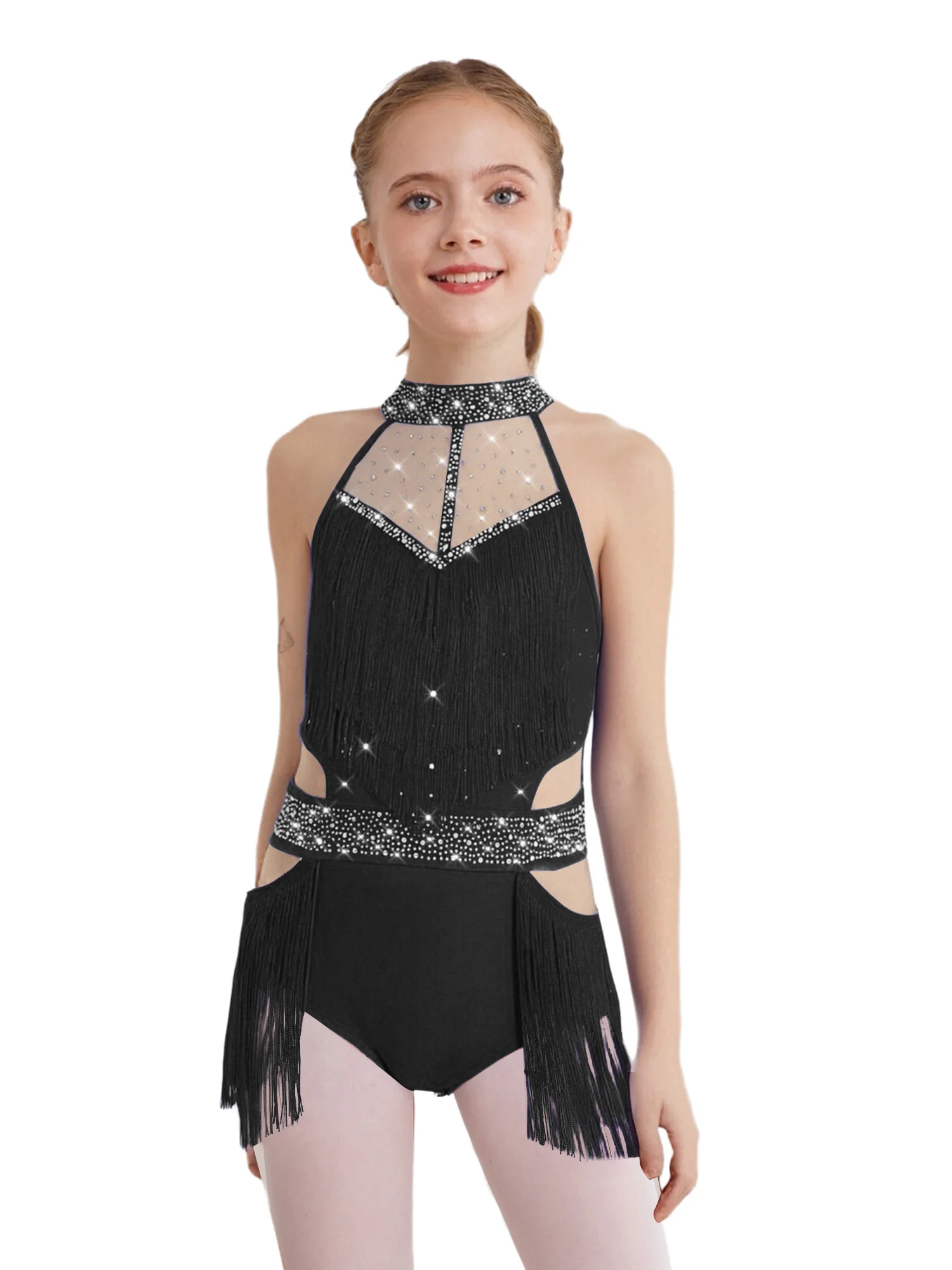 Kids Girl Latin Leotard Dress Lyrical Modern Ballet Dance Performance Costume Rhinestones Fringe Bodysuit Skirted Dress Jumpsuit
