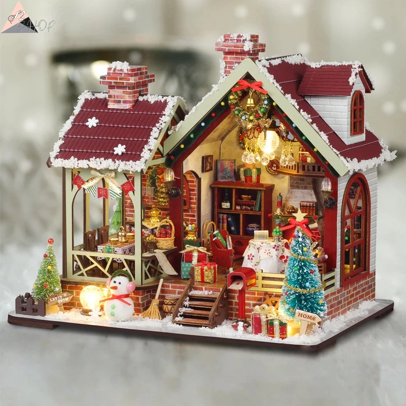 

DIY Christmas House Kit, Hand-Assembled Miniature Cabin with Lighting, Snowy Night Scene Model, Creative Holiday Gift