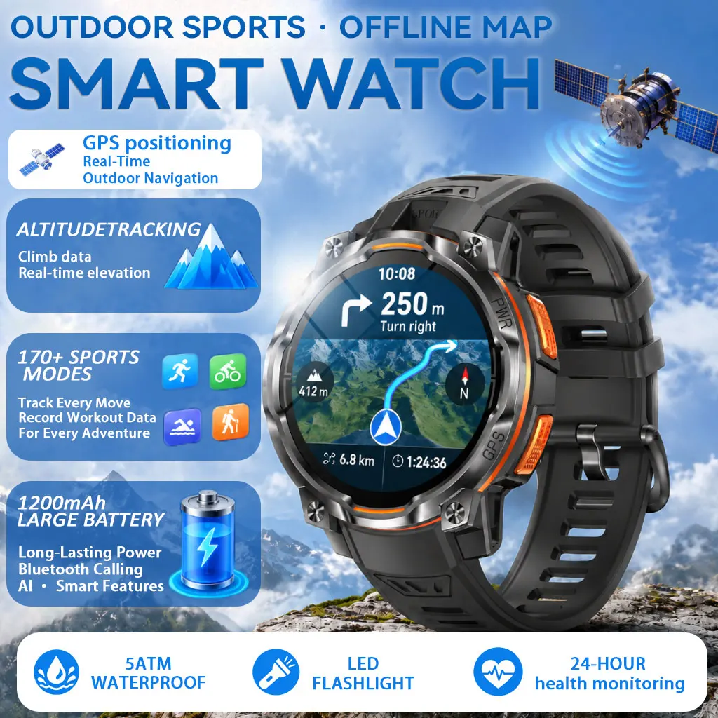 TOP SELLER Smart Watch 1200mah GPS positioning waterproof Offline map 107+sports mode LED flashlight  Fitness Tracker  Men Watch