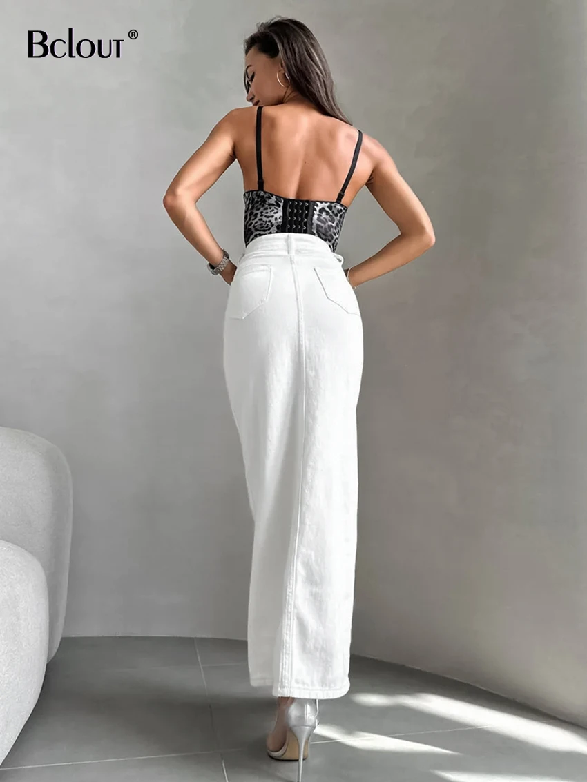 Bclout Fashion Cotton White Long Skirts Women Autumn Office Lady Single Breasted Skirts Pockets Solid Sexy Straight Skirts 2024