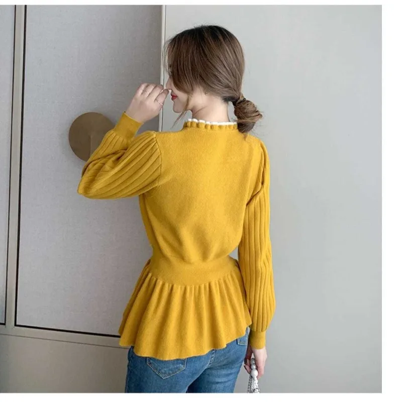 Spring and Autumn Women\'s Solid Long Sleeve Knitted Bottom Waist Hemiline Ruffles Screw Thread Fashion Casual Office Lady Tops