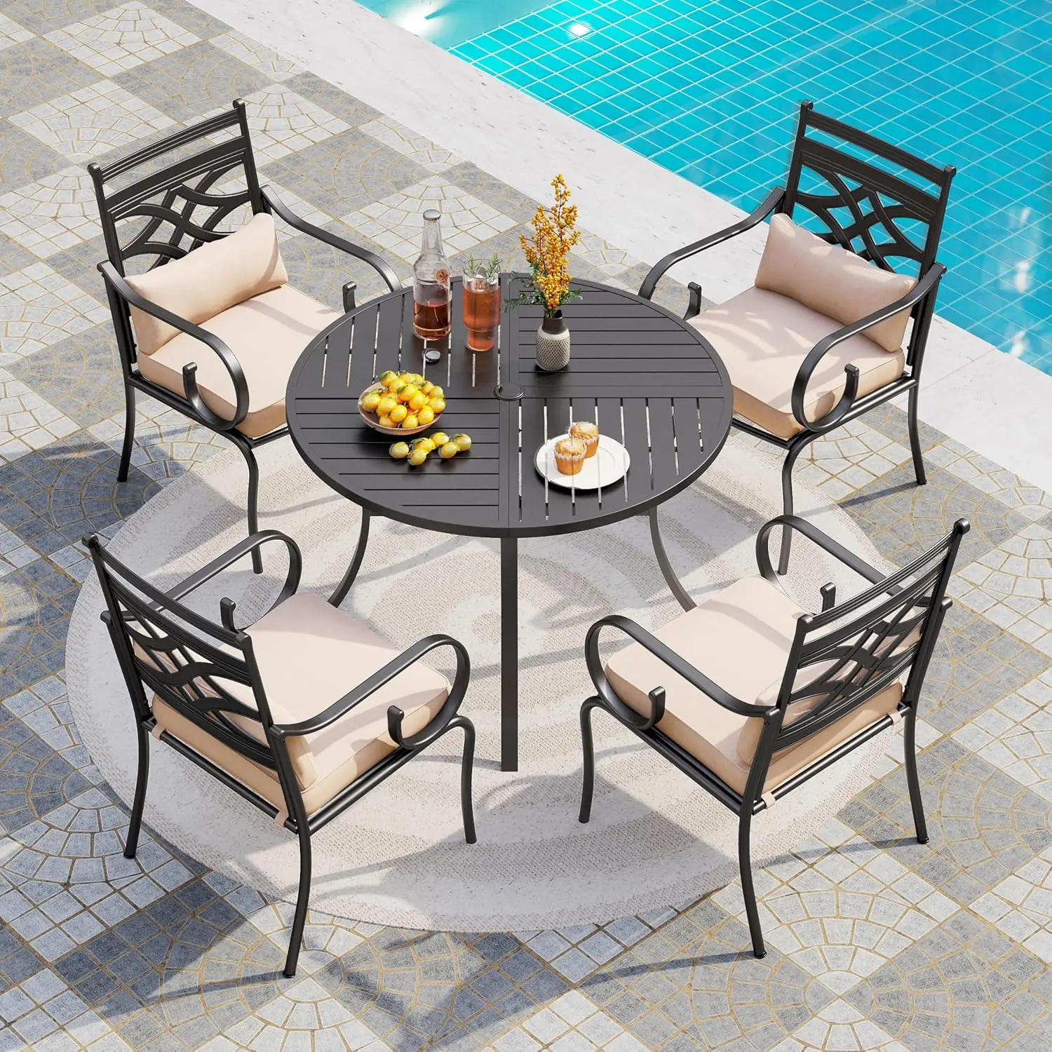 

5pc Outdoor Dining Set 42in Metal Table Umbrella Hole Iron Chairs Rustproof Cushions Patio, Customized