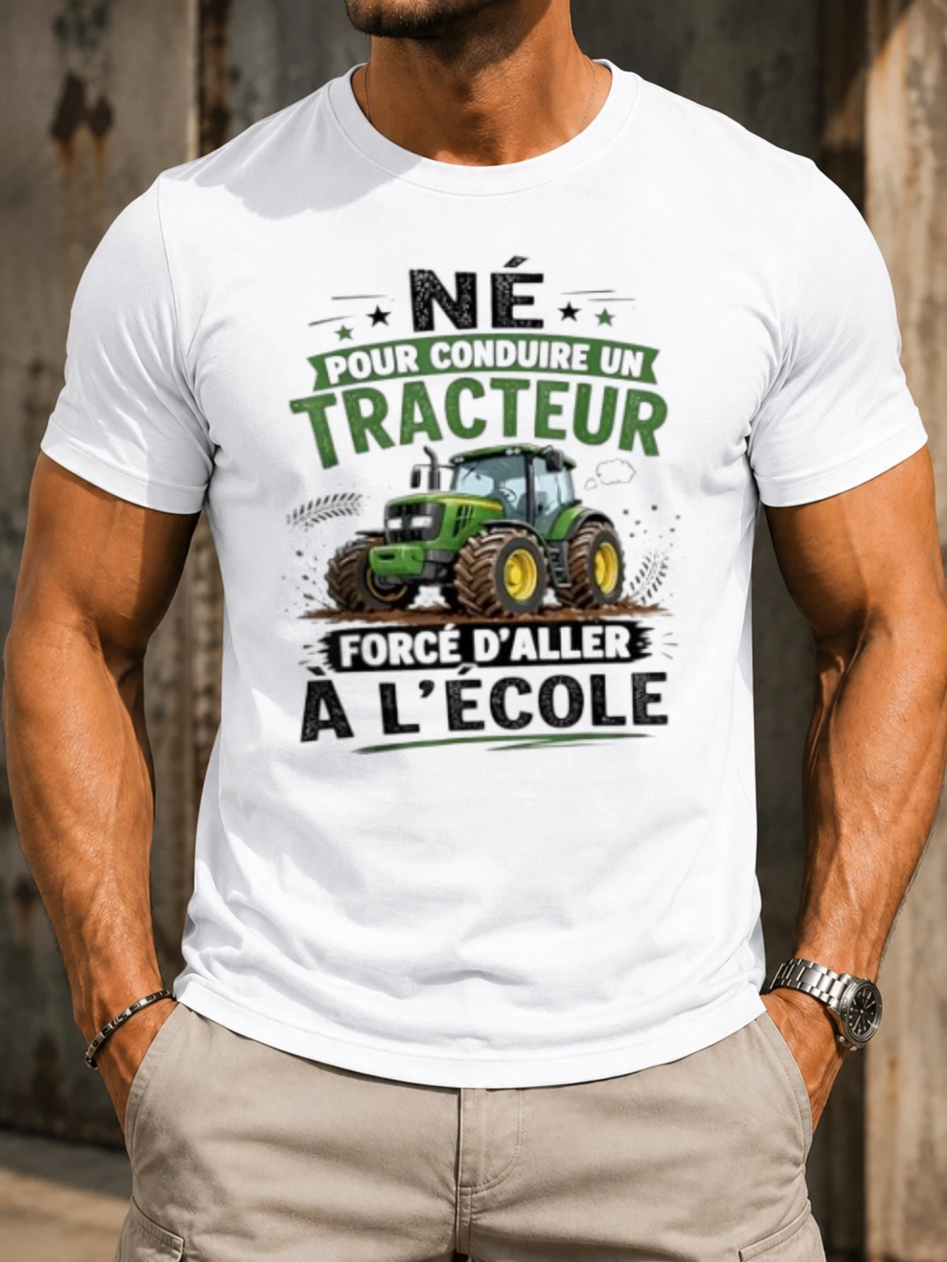 Ne Pour Conduire Un Tracteur  green farm vehicle French school humor text bold rustic style Unisex  Unisex All T-Shirt