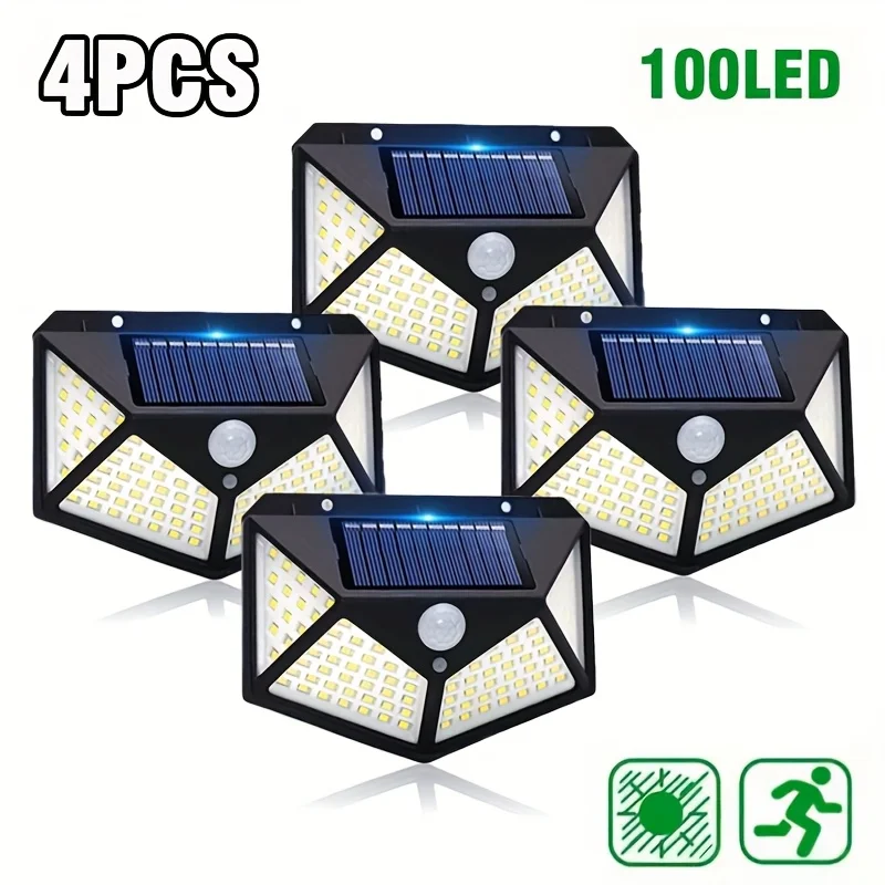 

3 Lighting Modes,100 LED Motion Sensor Solar Light, 1/2/4PCS, Solar Light, Suitable for Wall, Courtyards, Gardens, and Passages