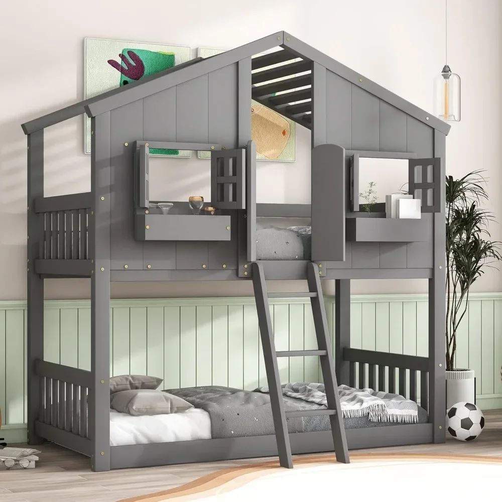 Bunk Bed, Wood Frame with Roof, Window, Window Box, Door, Safety Guardrails and Ladder, for Girls Boys ,Over Twin Kids Bunk Beds