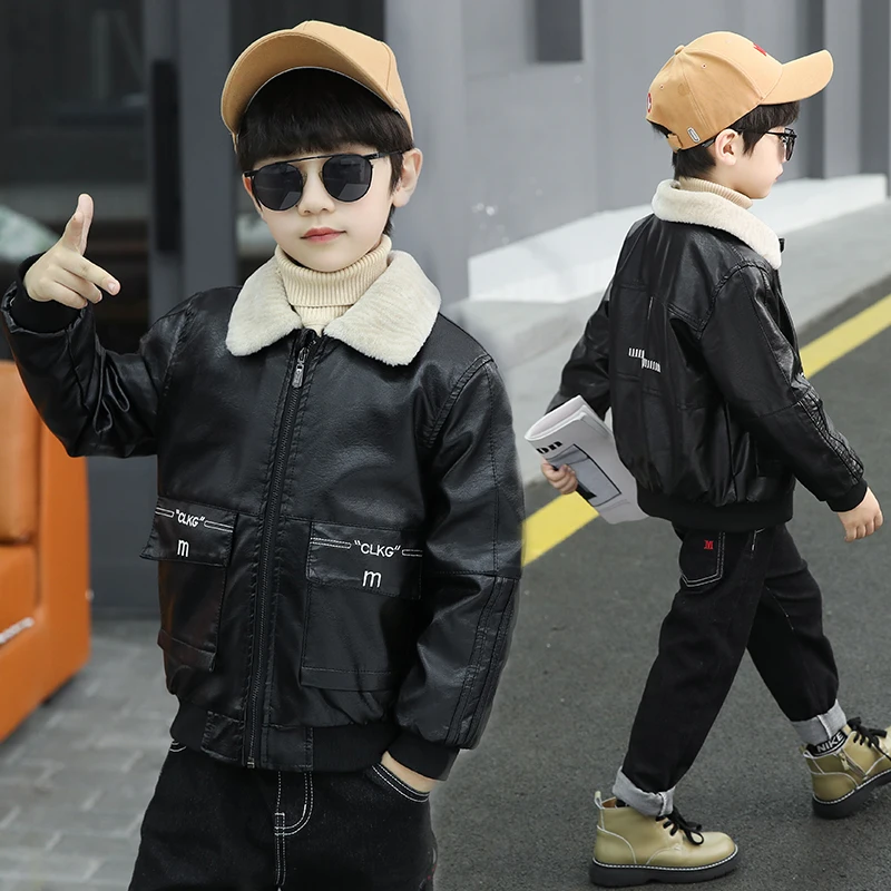 سترة جلدية وسيم للأطفال للخريف والشتاء سميكة ودافئة وبسيطة وعالية الجودة؛ 4-14 سنة #2