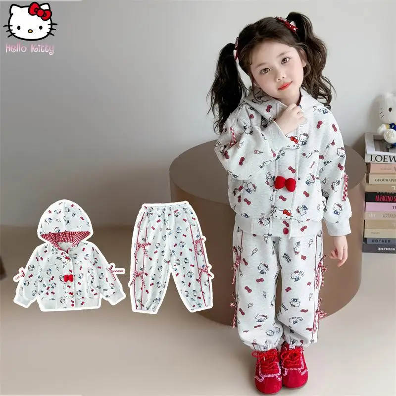 

Girls Kawaii Hello Kitty Bow Hooded Cardigan Suit Anime Cartoon Spring Autumn New Sanrio Girls Fashion Coat Pants Two Piece Set