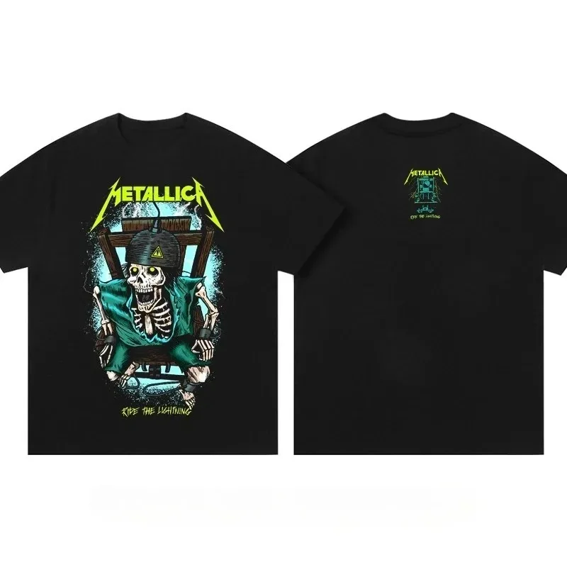 Metallica T-Shirt - Ride the Lightning Album Theme Double-Sided Design (Thrash Metal Hardcore Skull Electric Chair Aesthetic)