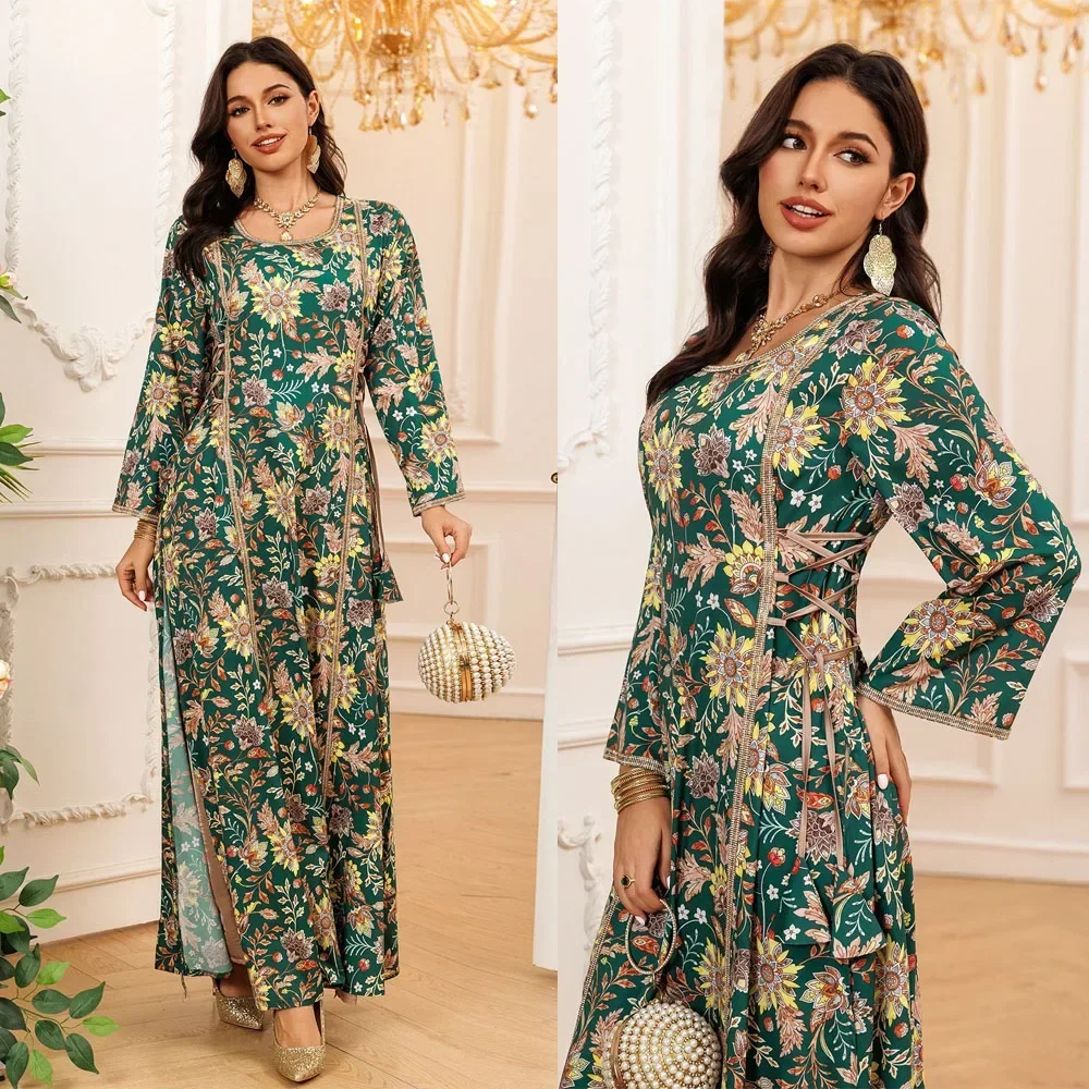 

Muslim Belted Dress Green Floral Printed Abaya Women Diamonds Trimming Round Neck Jalabiya Fashion Gown Split Hem Robe Kaftan