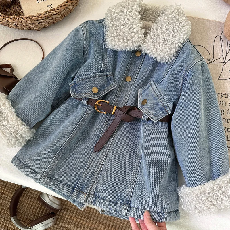 

Autumn And Winter Girls Coat Fashion Fleece Denim Thickened Children's Clothing Outerwear Princess Girl Keep Warm Jacket Coats