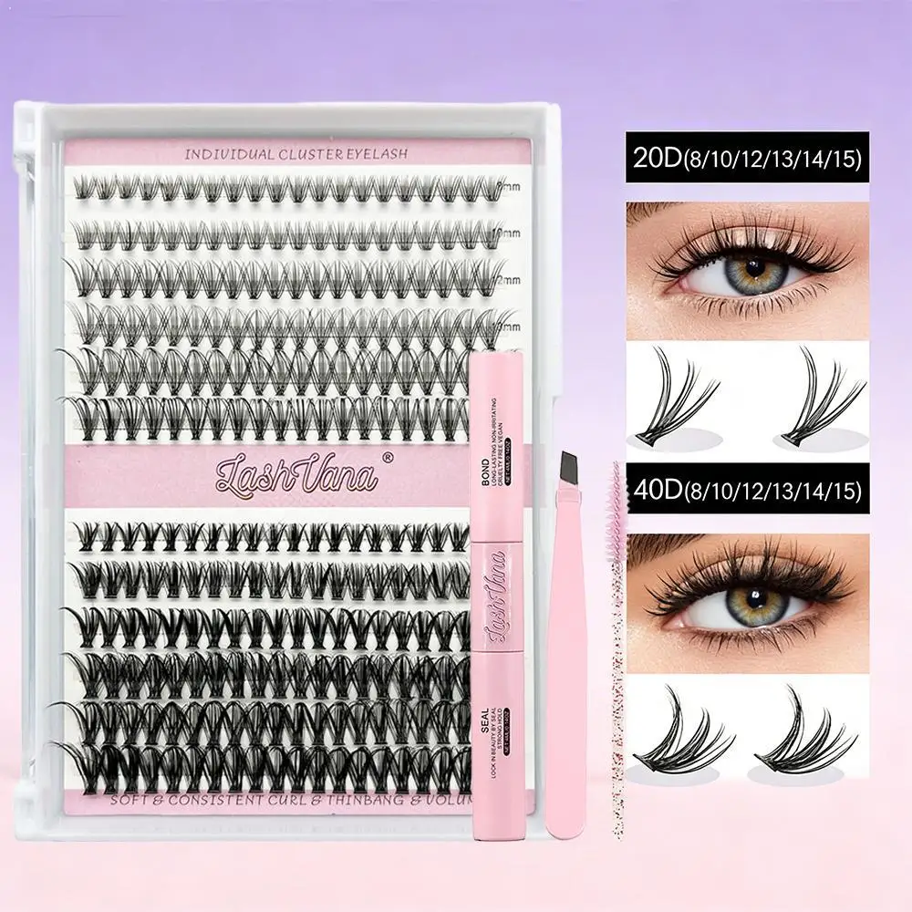 Segmentiertes Single-Cluster-Set für falsche Wimpern 20D 40D Gemischte Anwendung von Wimpernverlängerungen mit Pinzette, Bürstenkleber