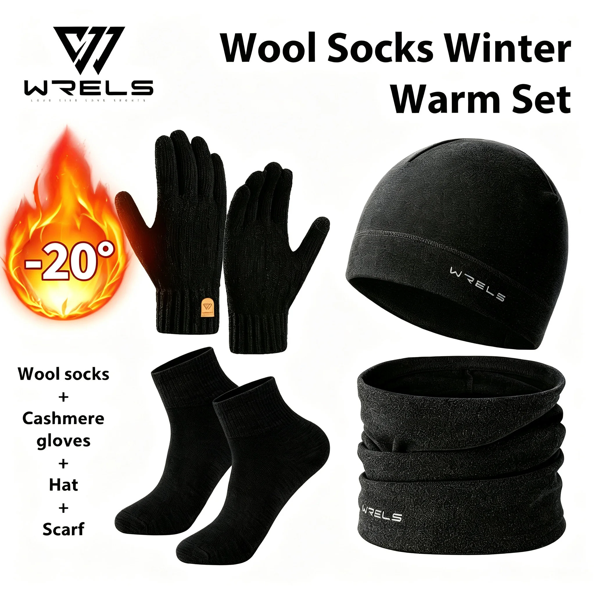 WRELS Warm Winter Set Wool Socks Cashmere Gloves Beanie Hat Fleece Neck Gaiter Scarf for Skiing Hiking Camping Cycling Men Women