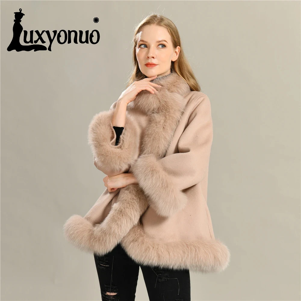 

Luxyonuo Women Wool Coat with Real Fox Fur Trim Ladies Luxury Cloak Autumn Winter Thicken Warm Wool Jacket Natural Fur Cape New