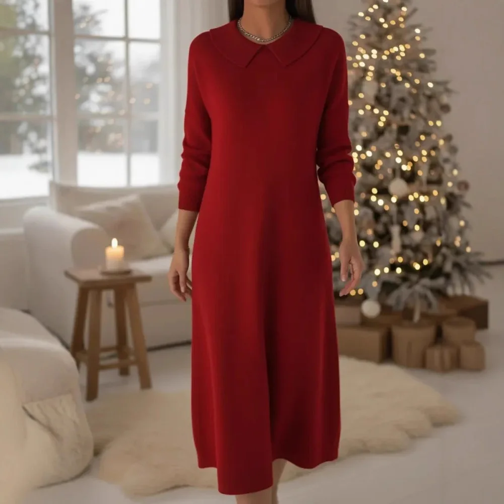

2026 New Amazon Independent Station Retro Peter Pan Collar Knitted Mid-Length Dress