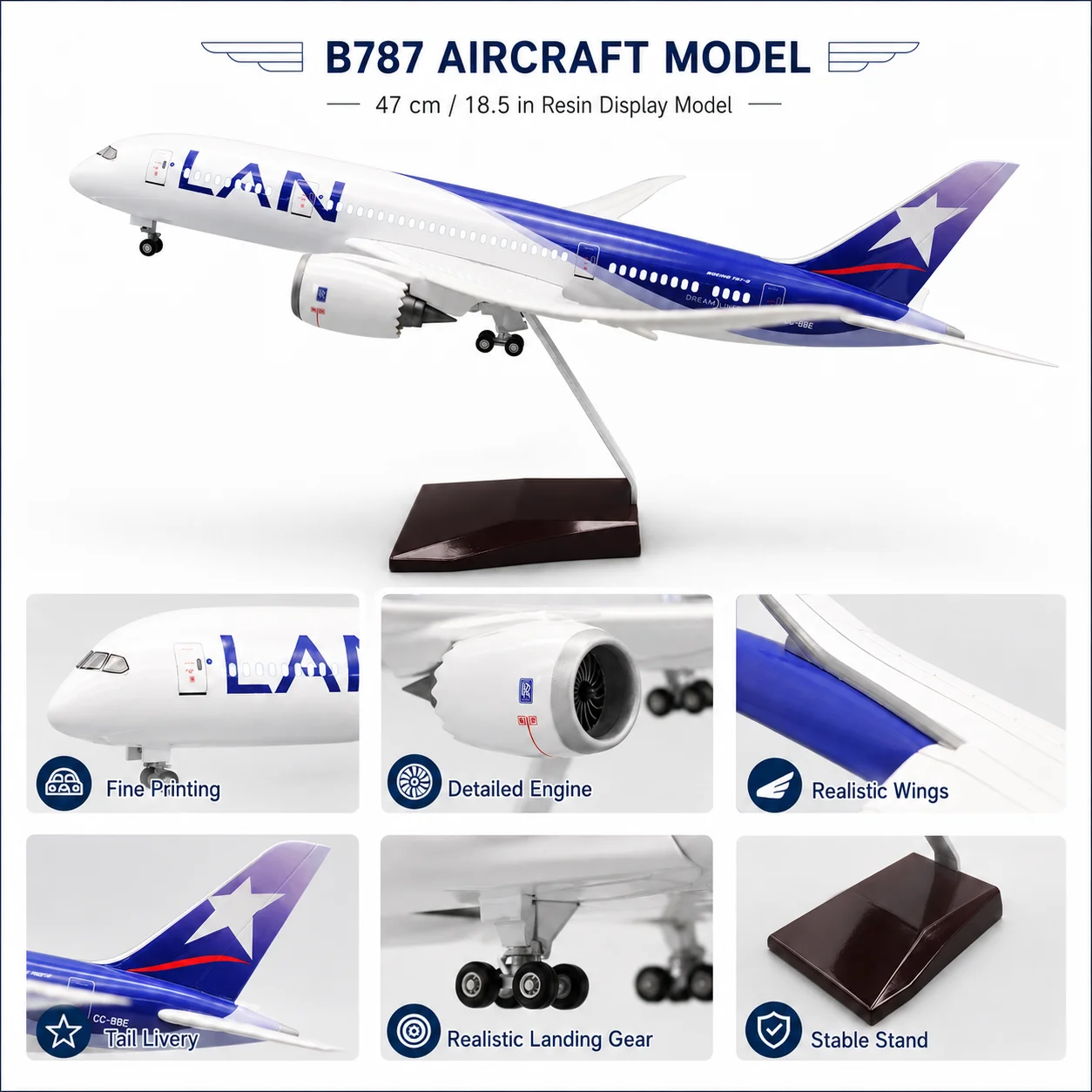 1:130 Scale Jet Aircraft Model B787 Chilean Airlines Jet 47cm Die-Cast Resin Model with Base and Landing Gear for Collecting