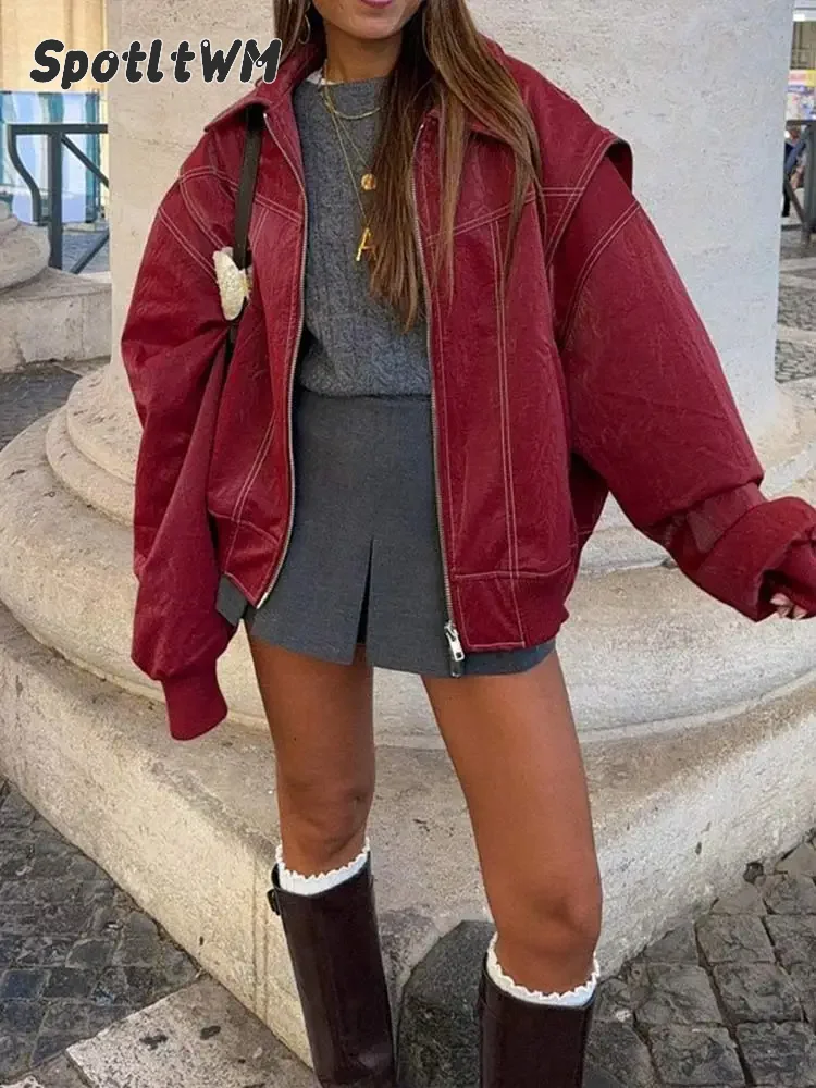 Giacca da donna in pelle con cerniera rossa vino Casual manica lunga con risvolto cappotto corto capispalla moda autunno Vintage