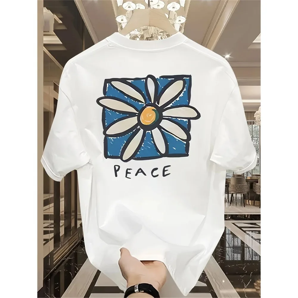 2026 Vintage Daisy Peace Graphic Printed Round Neck T-shirt Casual Pure Cotton Short Sleeve Harajuku Streetwear Unisex Tops Tees