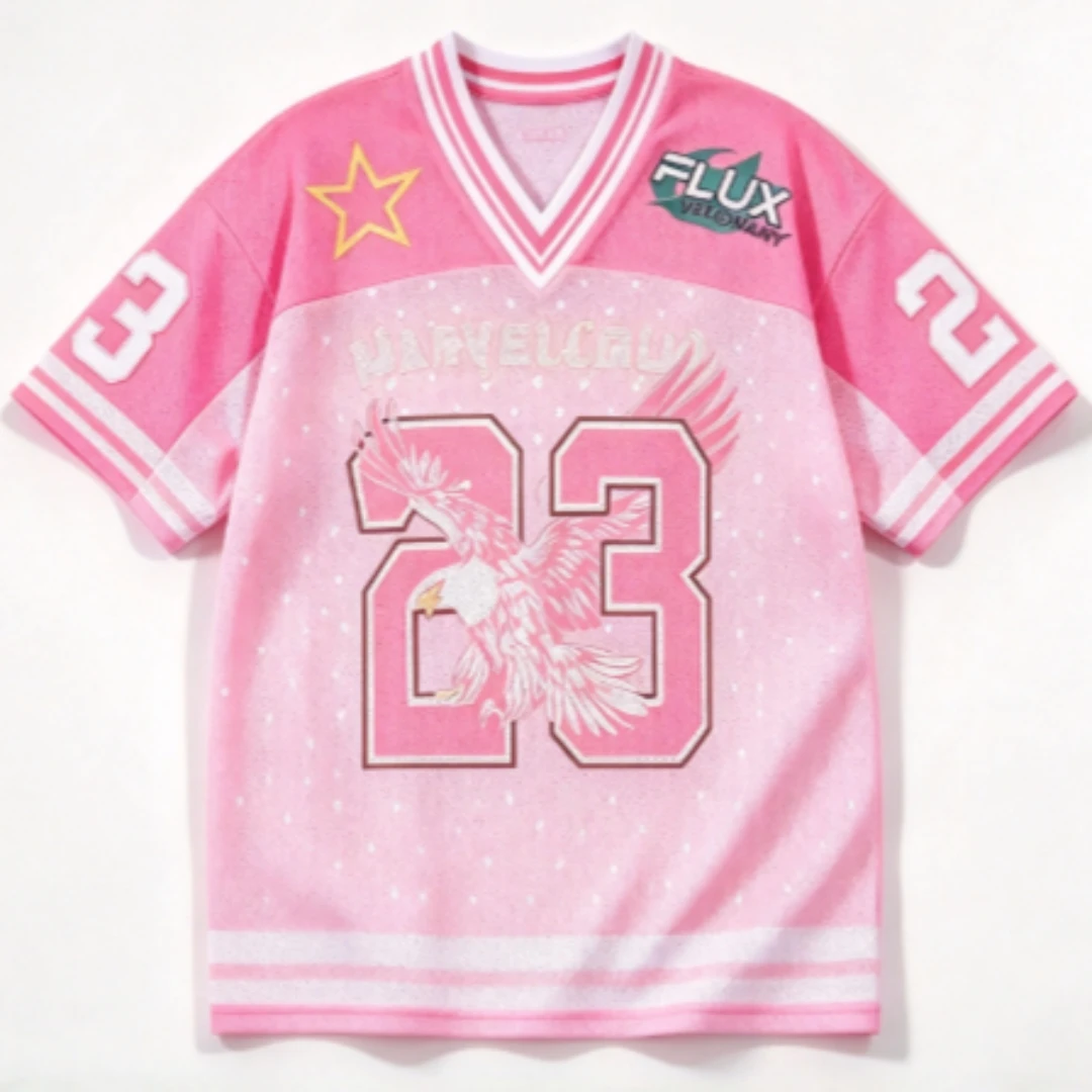 Pink Gradient Star Eagle 23 Pattern V-neck Sweet Cool American Retro Style Casual Loose Sports Street Style T-shirt