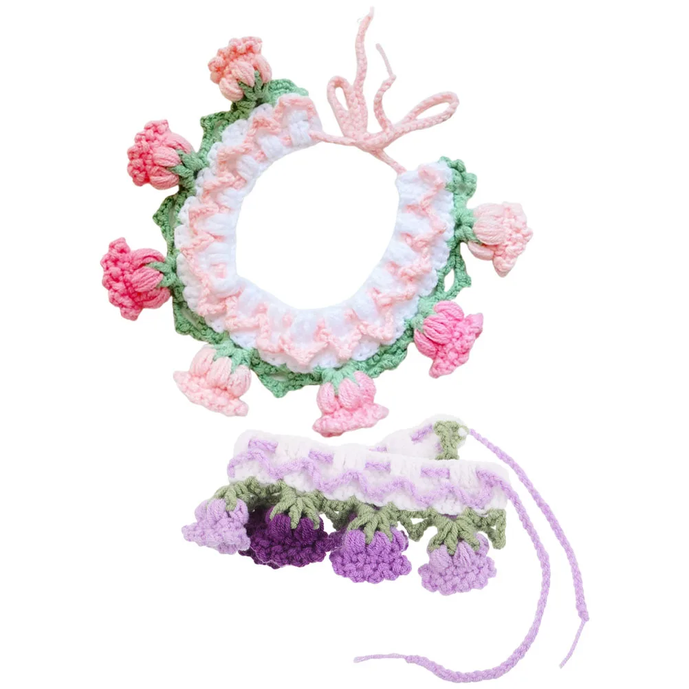 

2Pcs Pet Triangle Scarf Collar Knitted Flower Pattern with Bell Soft Comfortable Bib Function for Cat Puppy Adjustable Stylish