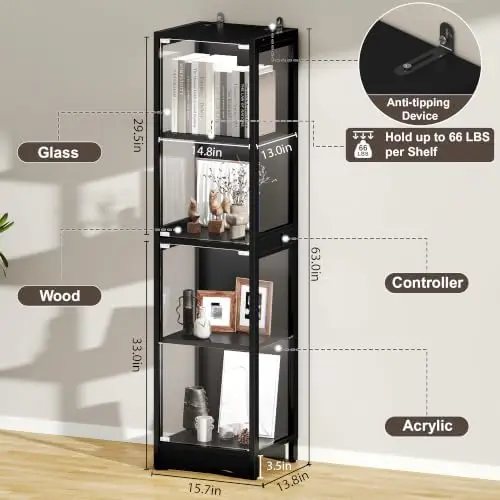 Display Cabinet with Glass Doors, 4-Tier Curio Cabinet with App RGB Lights for Collectibles, Display Case with Human