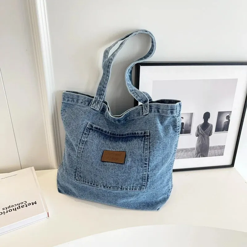 Denim Fabric Handbag Soft Portable Lady Chic Tote Bags Washed Denim Casual Women\'s Denim Bag Crossbody Bag