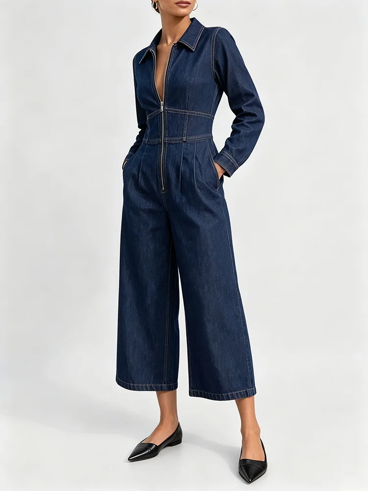 Yeezzi Women's Fashion Denim Front Zipper Wide Leg Jumpsuit 2026 Long Sleeves High Waist Pockets Casual Office Cropped Overalls