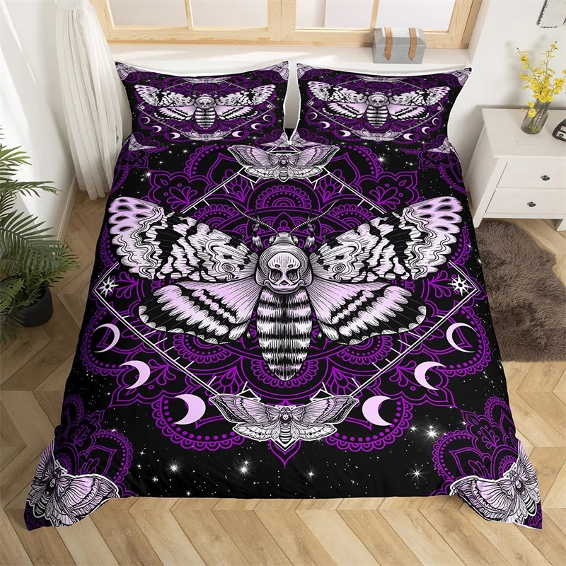 Butterfly And Death Moth Duvet Cover Queen Gothic Skull Flower Star Sky Moon Bedding Set Polyester Boho Exotic Black Quilt Cover