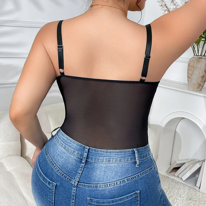 Sexy Patchwork-Body mit Spitzenbesatz, schmale Passform, durchsichtiger Riemen, neue Ankunft, Damen-Apewear, modische Streetwear-Kleidung