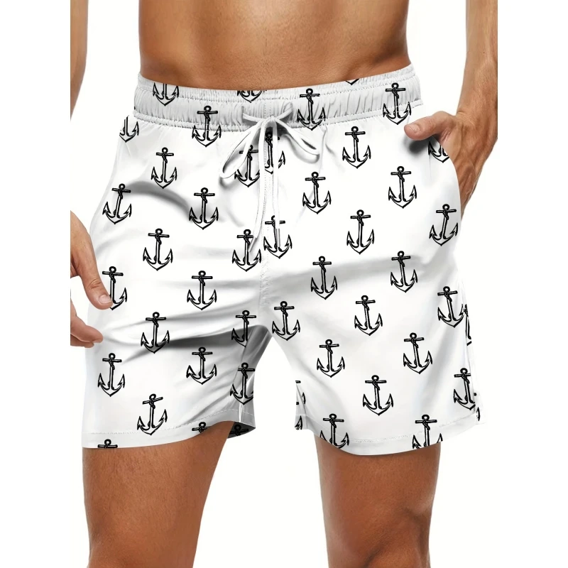 Proste spodenki plażowe z wzorem kotwicy dla mężczyzn Moda Outdoor Sports Krótkie spodnie z nadrukiem 3D Luźna odzież uliczna Szybkoschnące kąpielówki