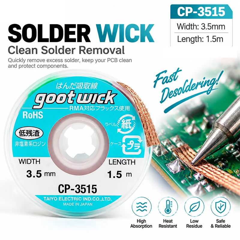 GOOT Original Desoldering Wick Braided Copper Wire CP-2015 CP-1515 CP-3015 CP-3515 CP-2515 For BGA PCB Solder Removal