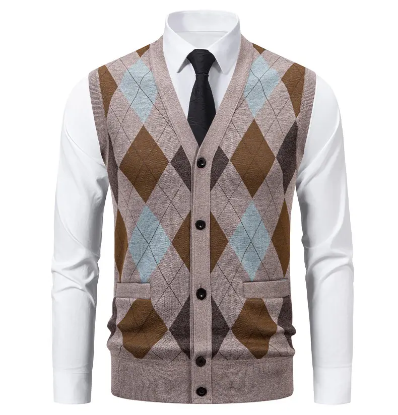 Vintage Checkered Vest Sweater for Men Knitted Cardigan Waistcoat Fall Clothes Elegant V Neck Man Business Sleeveless Sweater