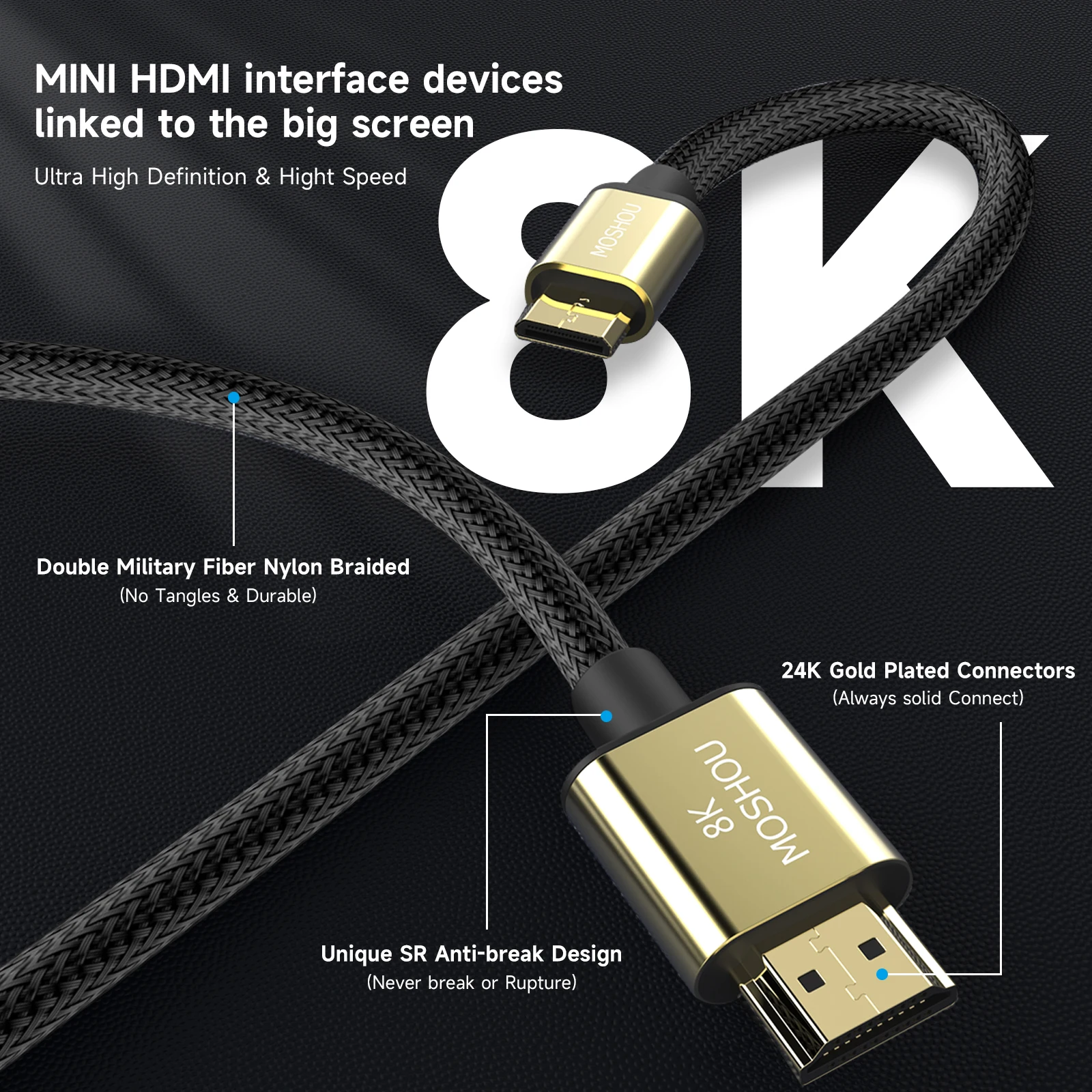 MOSHOU HDTV용 미니 HDMI to HDMI 호환 케이블, 고속 HDMI to 미니 HDMI 케이블, 양방향 2.1 코드, 8K @ 60Hz, 4K @ 120Hz