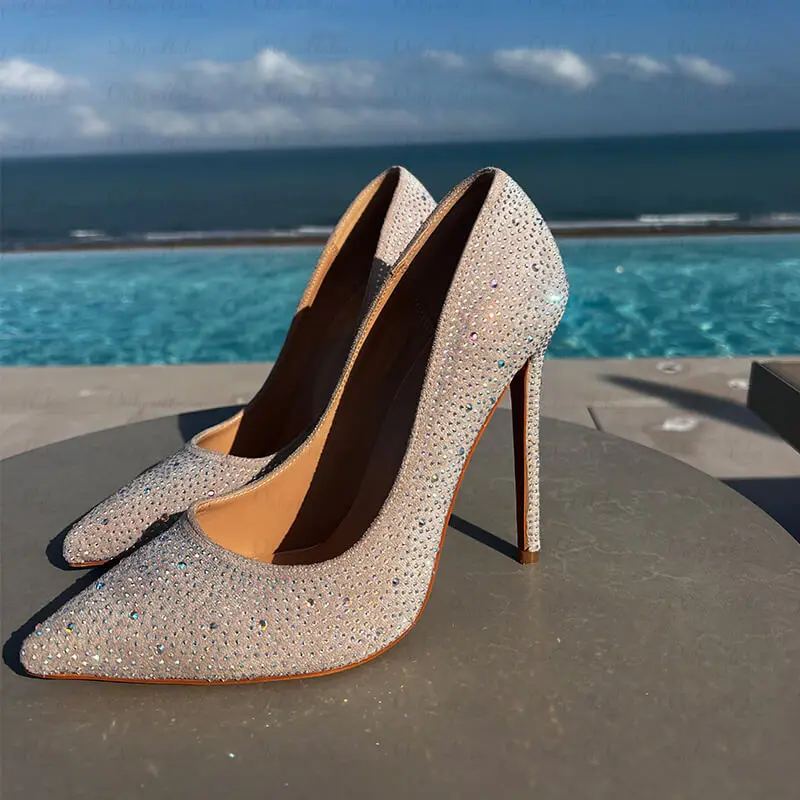Onlymaker Women 12CM Pointed Toe Rhinestone StilettoThin High Heel Sexy Female Pumps