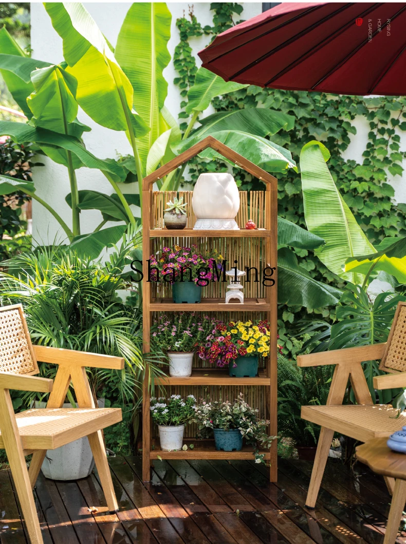 CL Chinese-style courtyard teak rock slab outdoor solid wood flower stand outdoor garden balcony succulent bonsai shelf