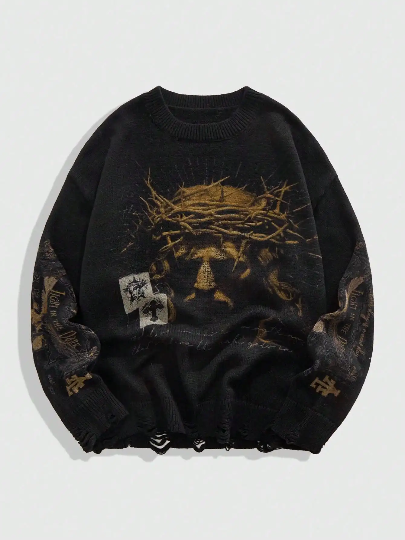 

Black Distressed Knit Sweater with Crown of Thorns Graphic, Loose Fit Grunge Style for Fall Winter