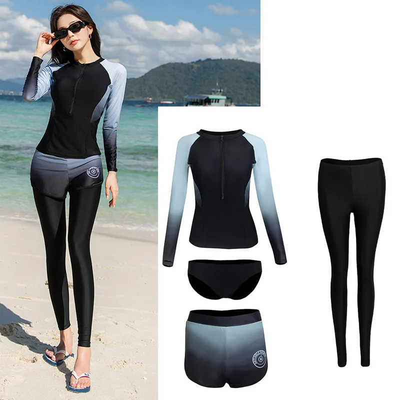 Women Five Piece Rash Guards, Long Sleeve Zip Up Swimsuits, Swim Shirt with Boyshort Leggings and Bikini, Snorkeling Suits